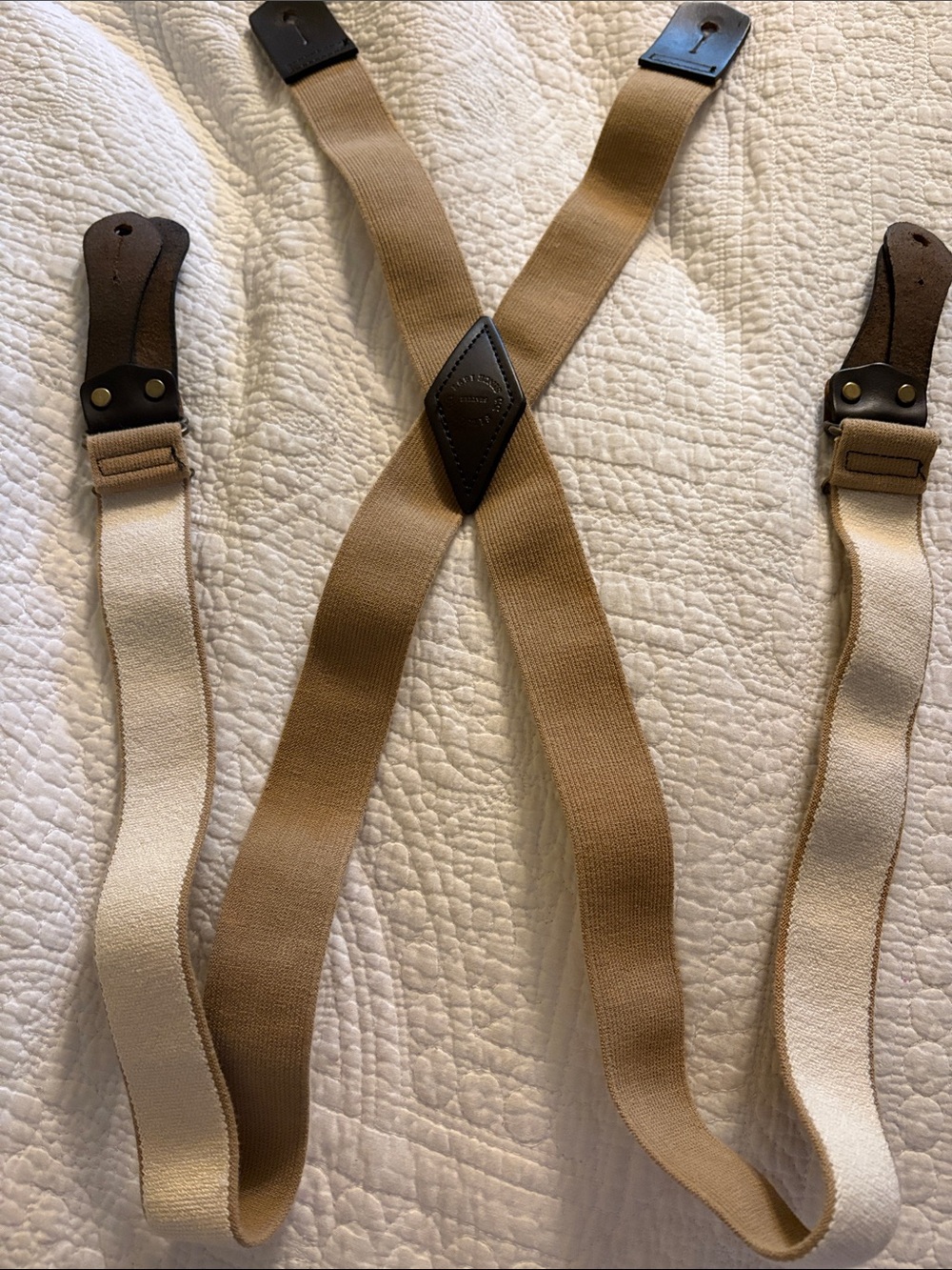 Filson Tan and Cream Elastic Suspenders with Brown Leather Accents
